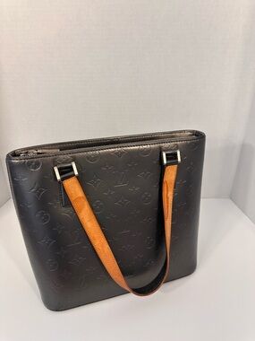 Louis Vuitton Black Embossed Monogram Shoulder Bag with Tan Straps